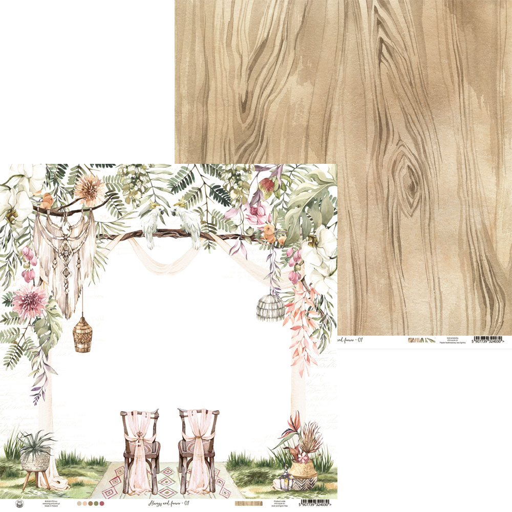 Papel decorativo dupla-face com padrão madeira e cena de folhagem e decoração rústica