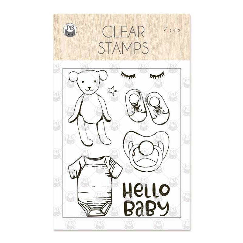 Selo transparente para carimbos com desenhos e texto Hello Baby em cartão com fundo imitação madeira