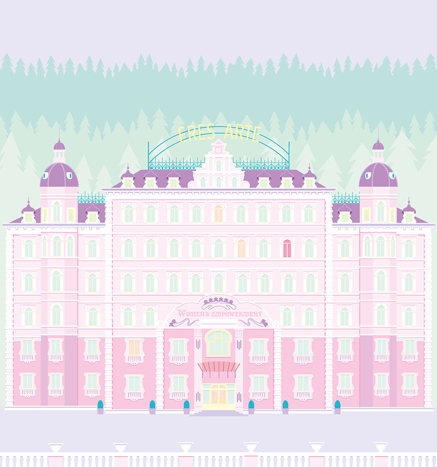 Ilustração de grande edifício rosa com texto 'ERES-ARTE' e 'Hotel'