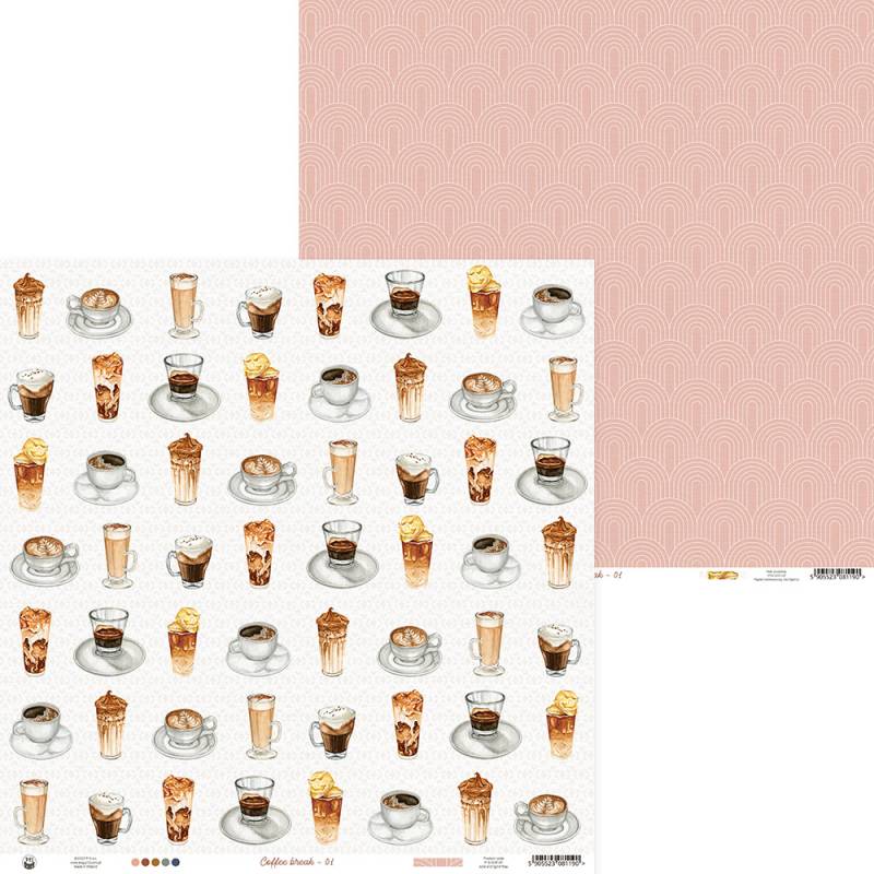 Papel scrapbook com desenhos de bebidas de café e padrão rosado