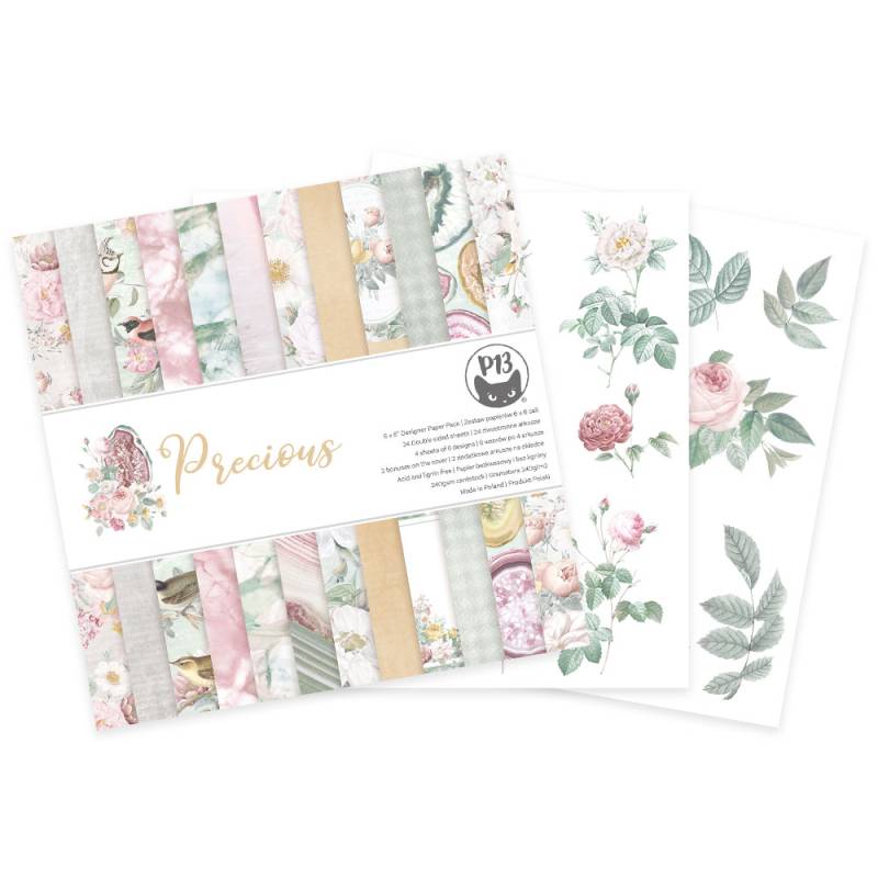 Conjunto de papéis decorativos florais em tons pastel com ilustrações detalhadas e faixa com texto e logo