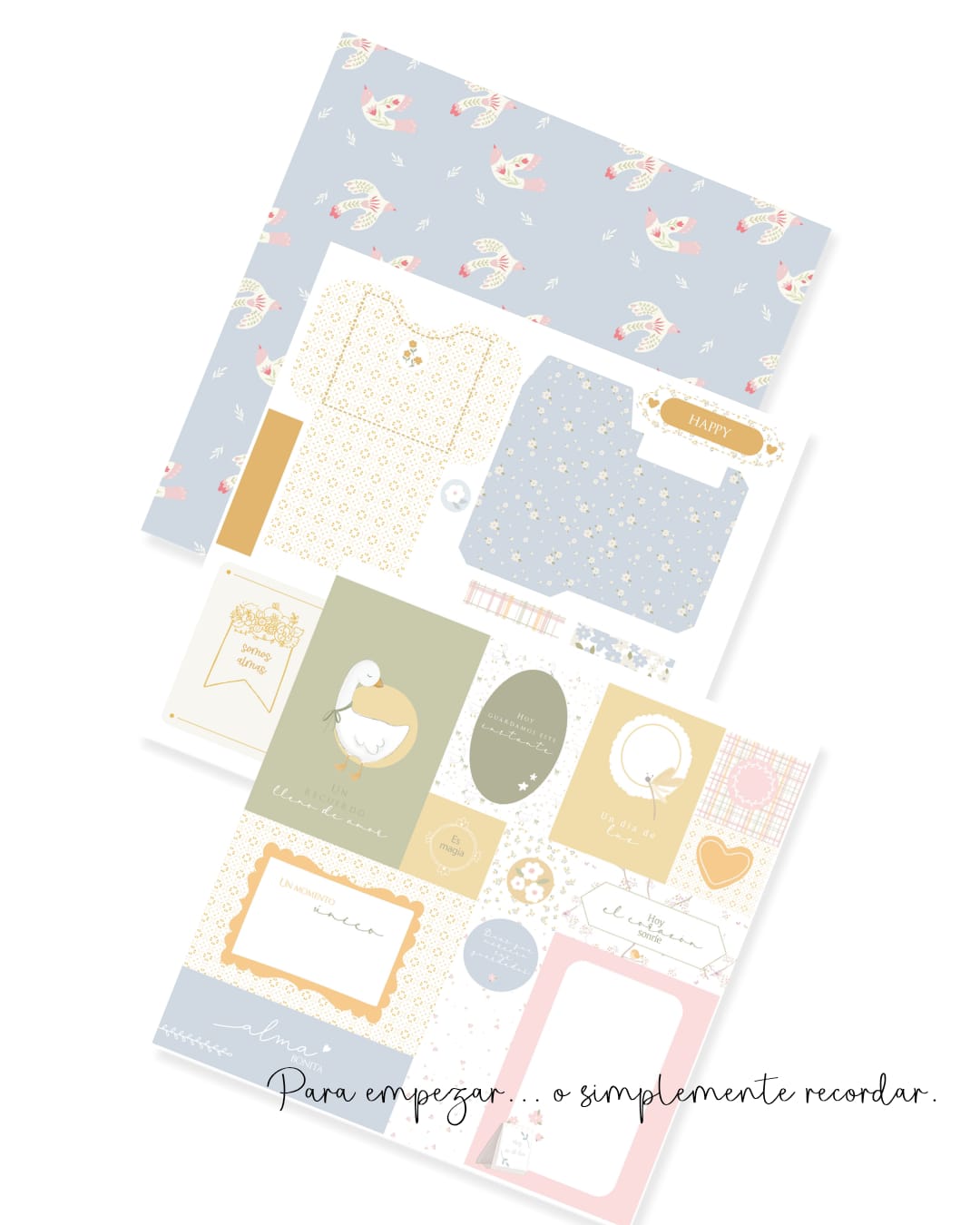 Páginas de papel decorativo com padrões florais, desenhos de pássaros e frases em espanhol para recortar.