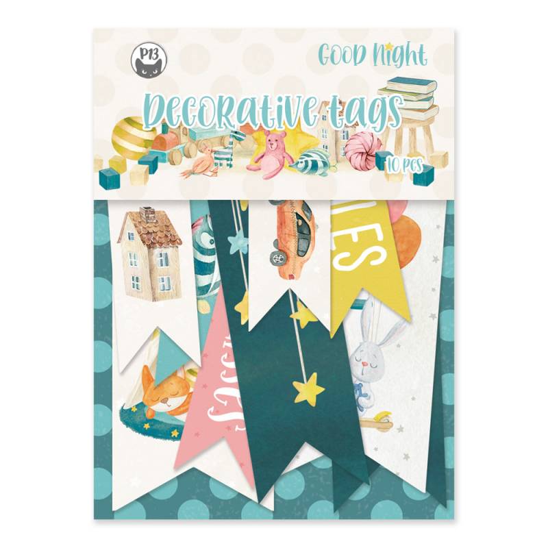 Etiquetas decorativas de papel coloridas com motivos infantis e texto GOOD NIGHT