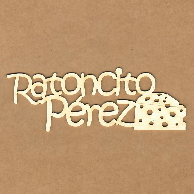Decoração de madeira com texto 'Ratoncito Pérez' e queijo