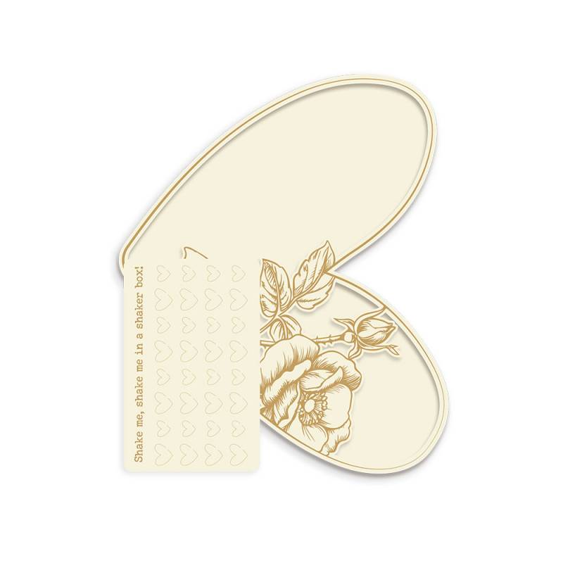 Embalagem de papel creme com desenhos dourados de flores e corações