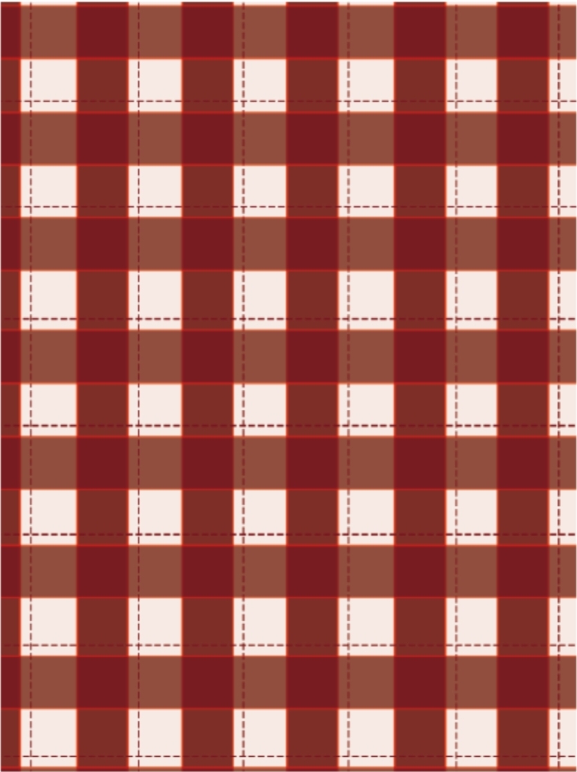 Pano xadrez castanho, vermelho e branco com linhas pontilhadas