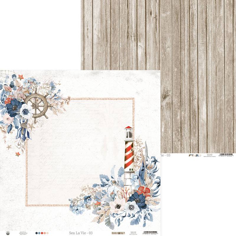 Papel decorativo de scrapbooking com tema marítimo e padrão de madeira.