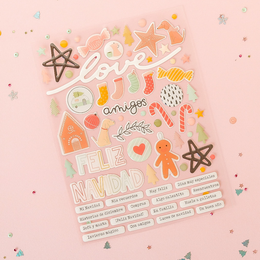 Conjunto de autocolantes natalícios coloridos sobre fundo rosa