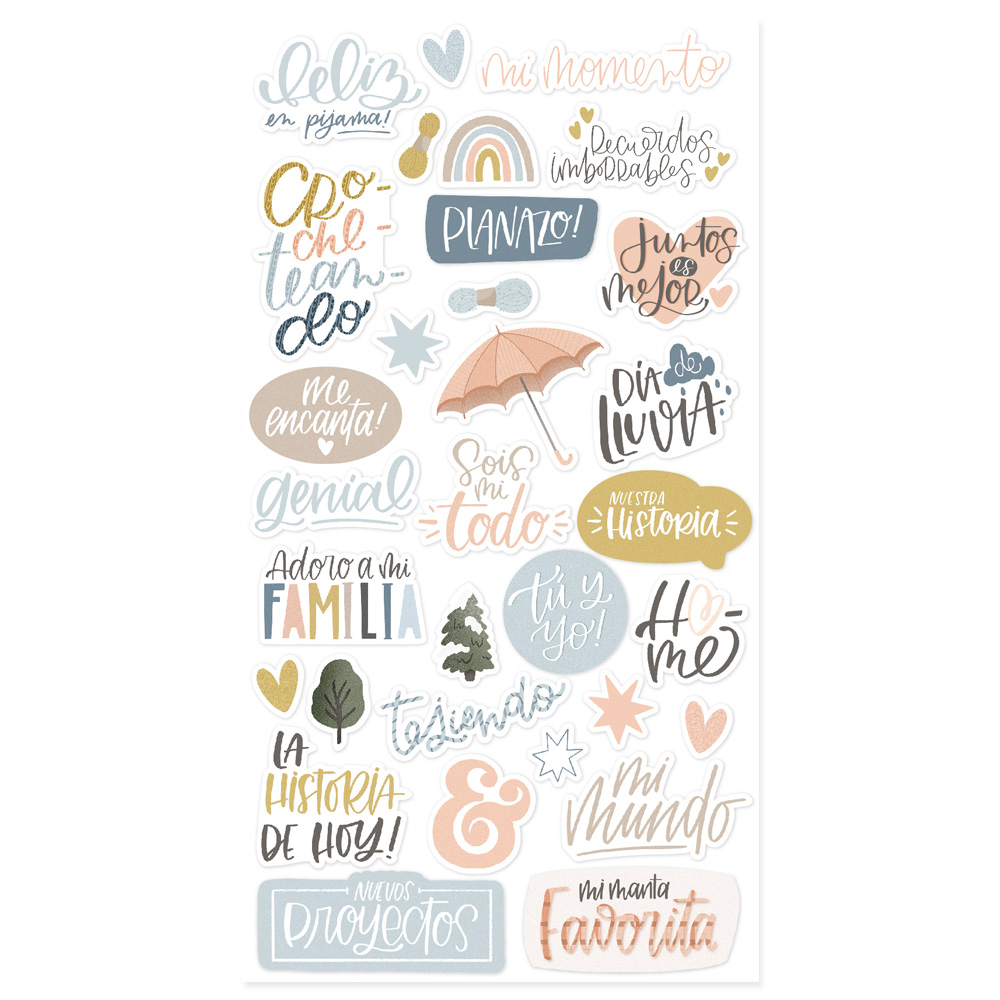 Autocolantes com frases em português e espanhol e desenhos coloridos em tons pastel