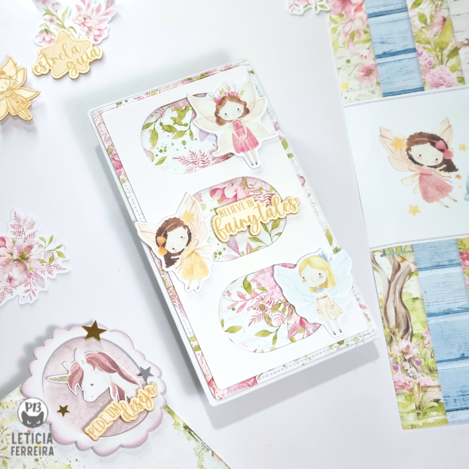 Papelaria decorativa com desenhos de fadas e elementos florais em papel branco