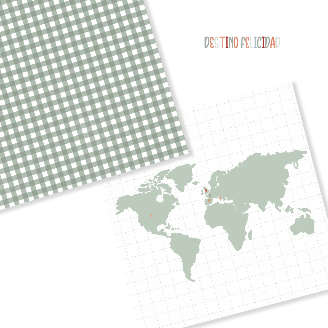 Dois papéis quadrados, um com padrão xadrez verde e branco e outro com mapa-múndi e texto DESTINO FELICIDAD