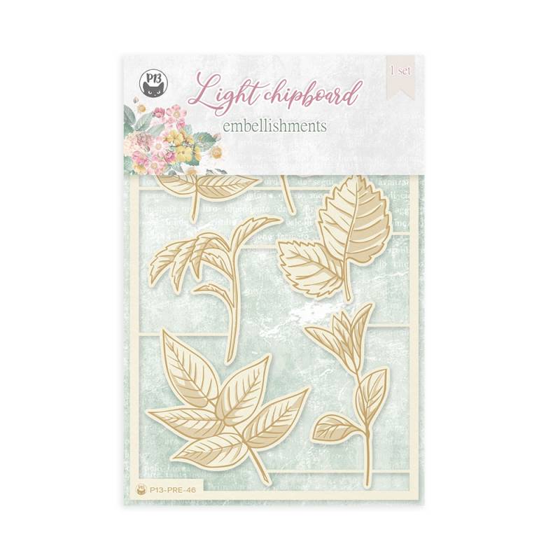 Ornamentos em chipboard leve em forma de folhas em embalagem com texto Light chipboard embellishments