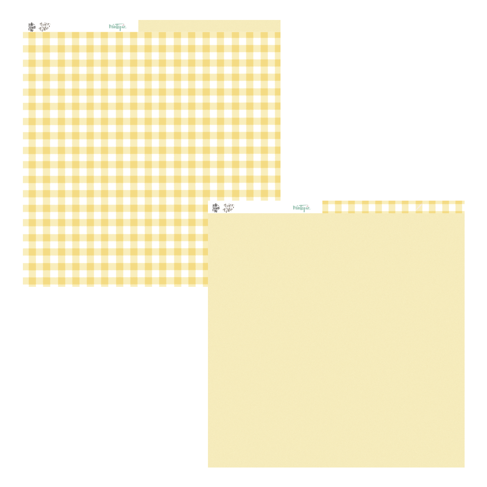 Dois tecidos quadrados, um xadrez amarelo e branco e outro bege sólido.