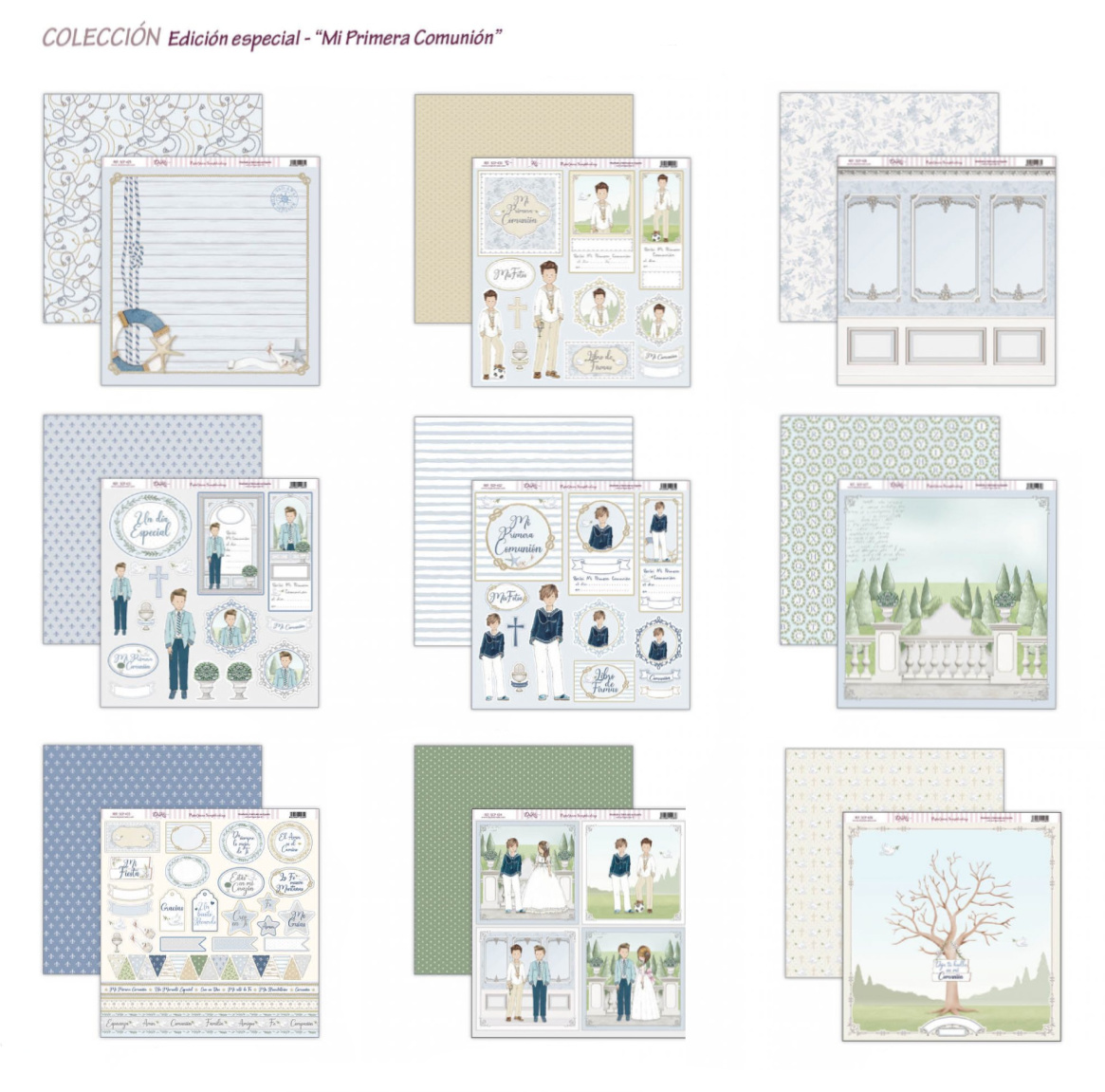 Coleção de papelaria com design e texto relacionados com a Primeira Comunhão.