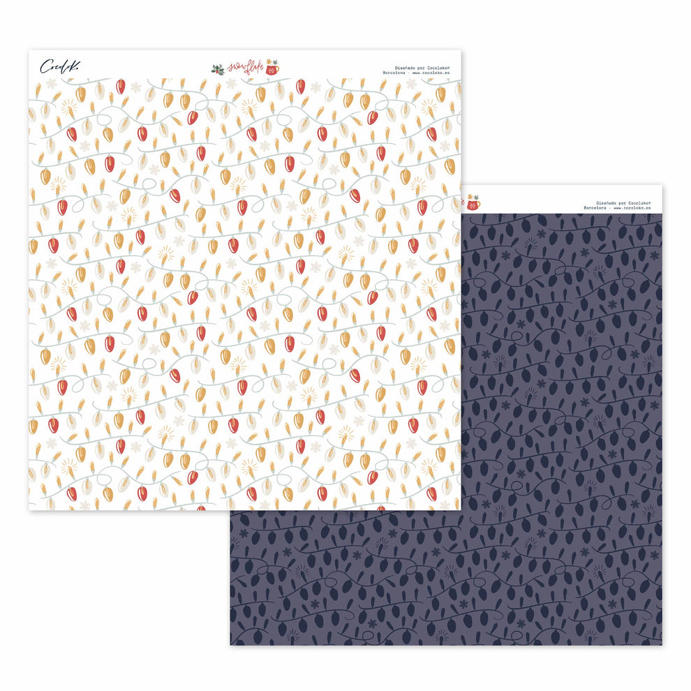 Duas folhas quadradas de papel decorativo com padrão de folhas em cores castanhas, vermelhas e azul escuro.