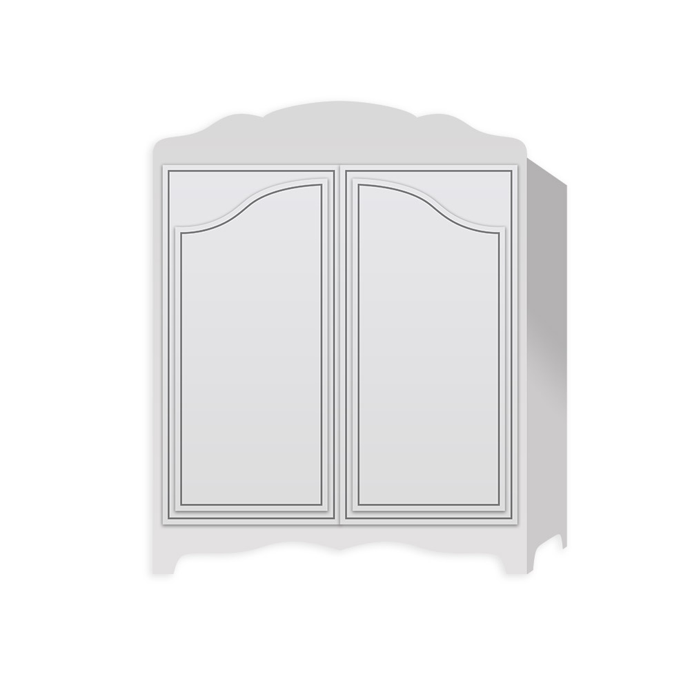 Armário branco de madeira com duas portas decoradas e topo arqueado