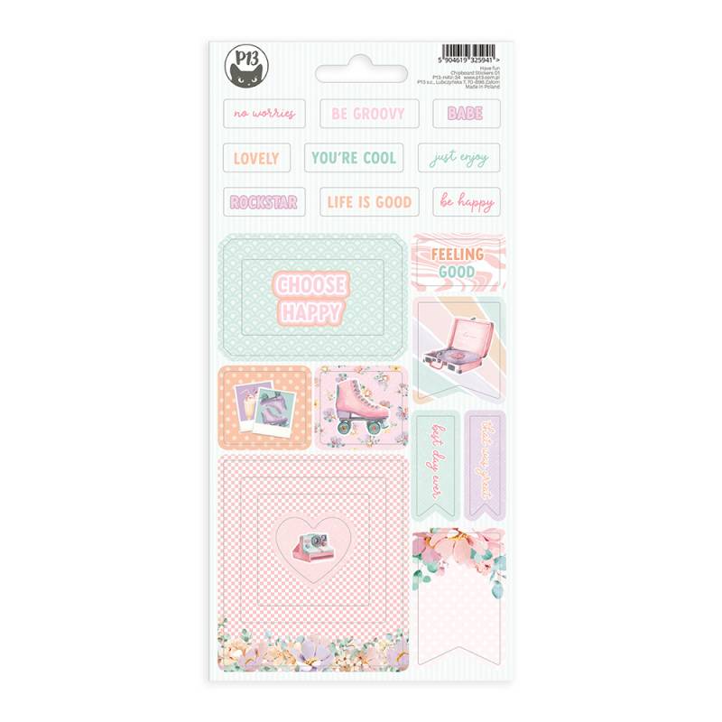 Conjunto de autocolantes coloridos com frases em inglês e imagens variadas