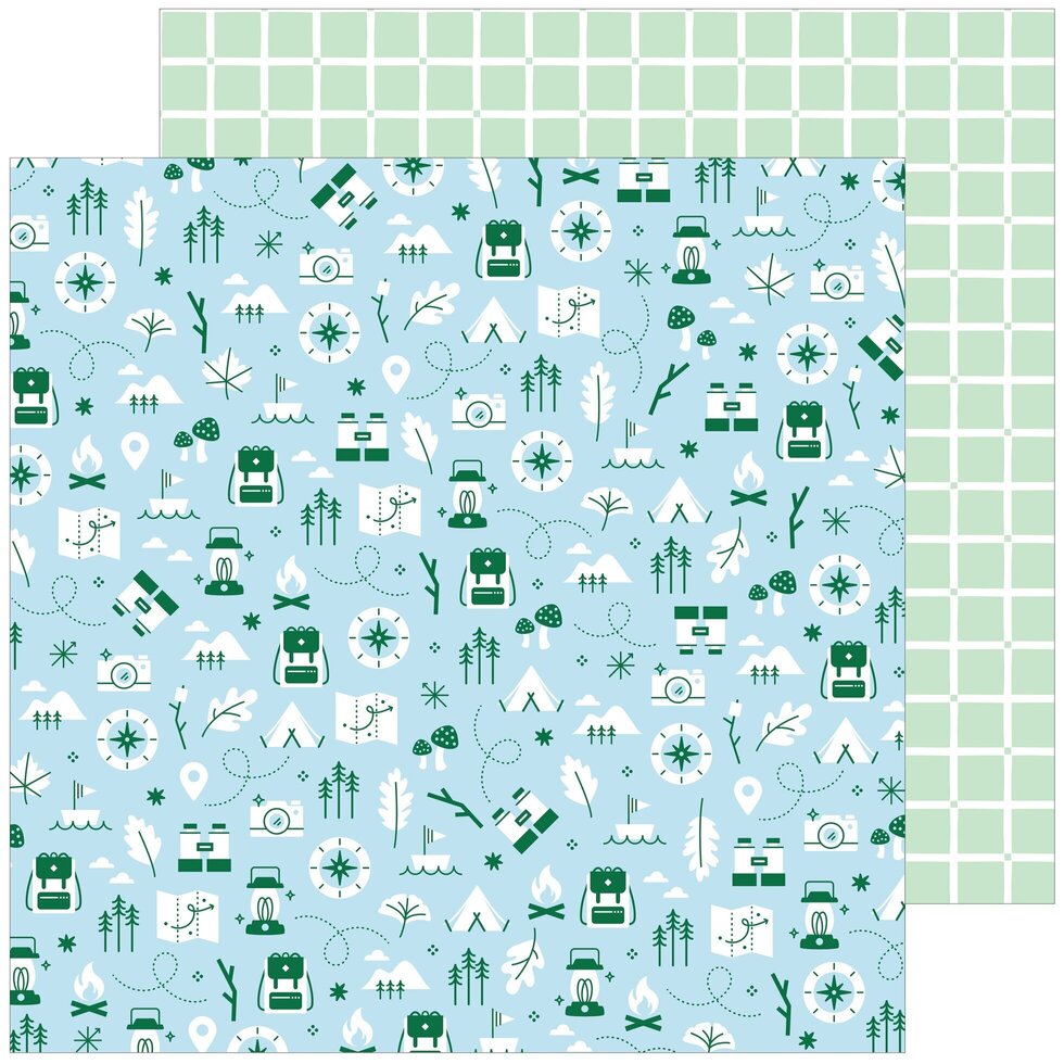 Padrão de tecido azul com ícones ao ar livre e padrão quadriculado verde e branco