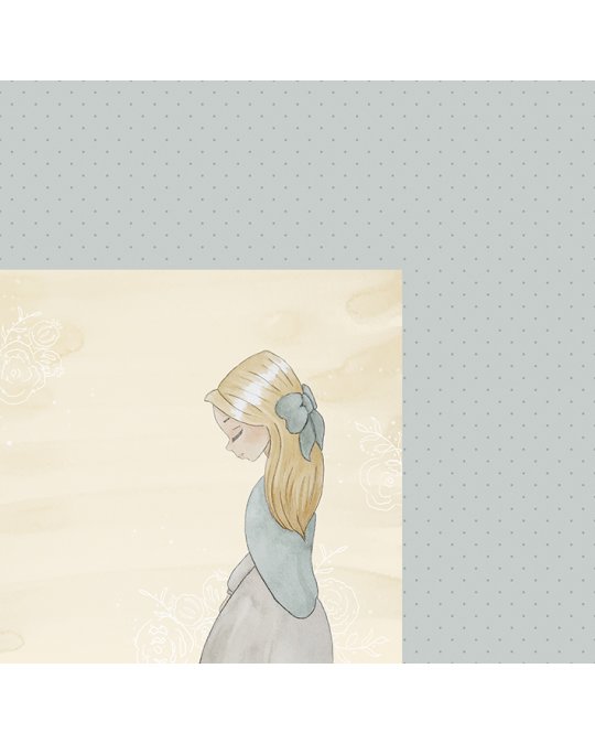 Papel de parede ou tecido com padrão pontilhado cinzento e imagem de rapariga loira com laço azul