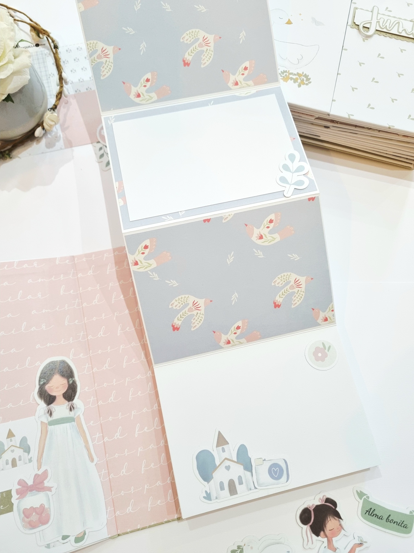 Álbum de papel com desenho de aves, ilustrações infantis e texto Alma bonita