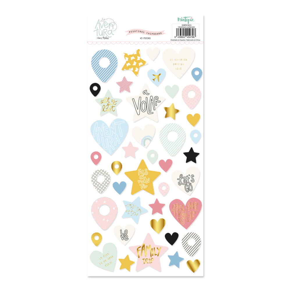 Autocolantes coloridos com estrelas e corações de vários designs e textos em inglês