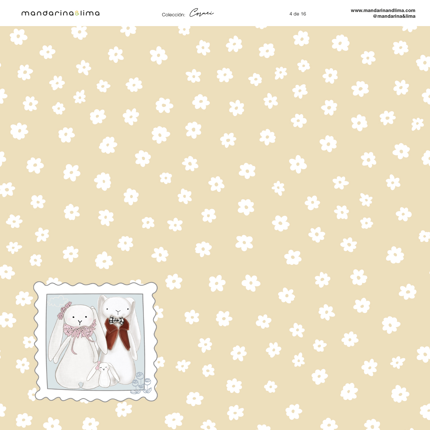 Papel de parede bege com flores brancas e ilustração de coelhos de peluche