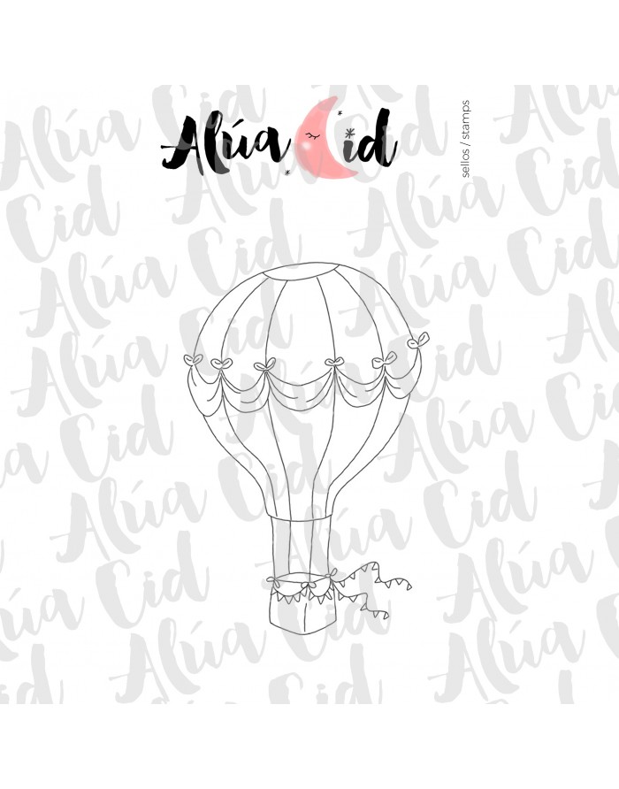 Desenho a preto e branco de um balão de ar quente com laços e bandeirinhas