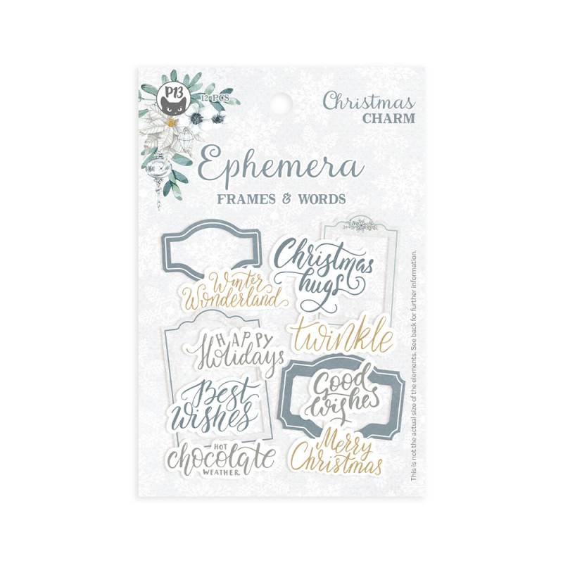 Ephemera para decoração com molduras e palavras em cinza e dourado em fundo branco com desenhos de folhagem