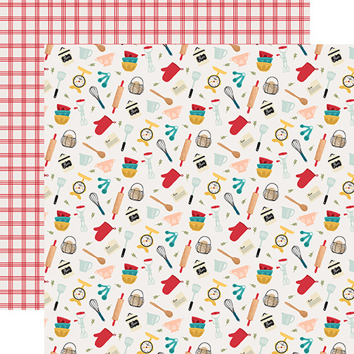 Papel decorativo com utensílios de cozinha e padrão xadrez