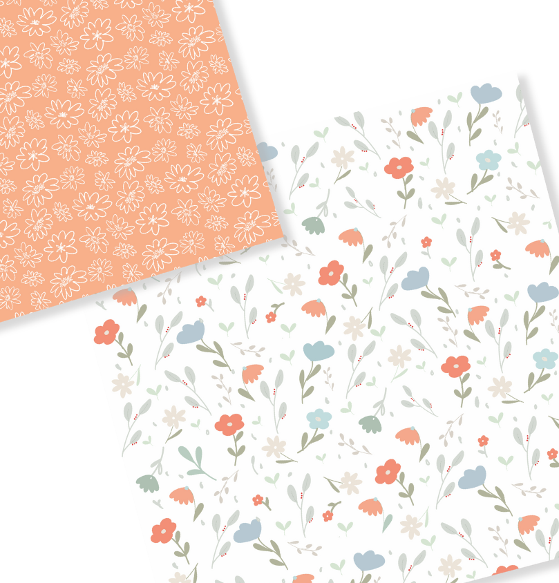Papéis decorativos com padrões florais em cores salmão, branco, azul, vermelho e verde.