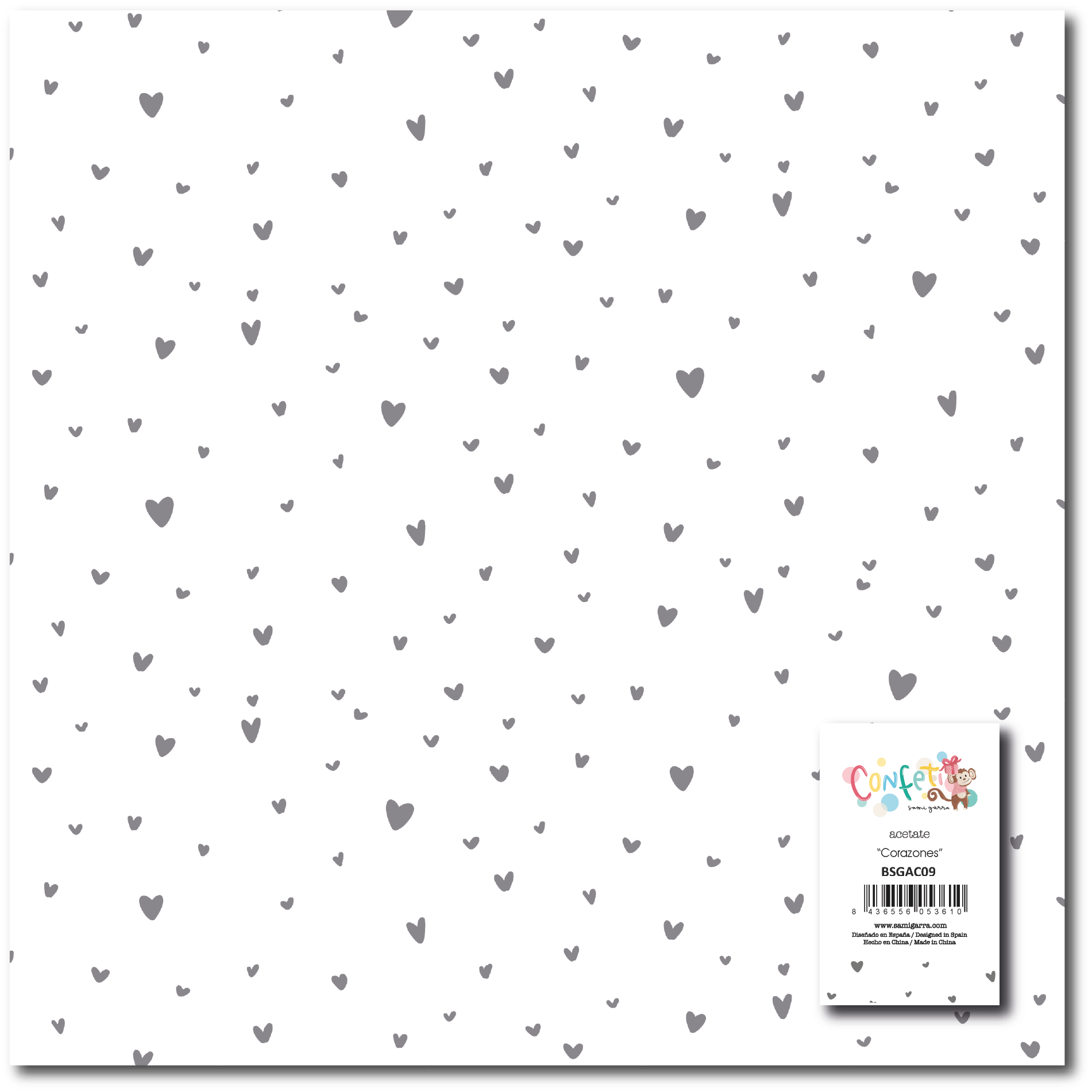 Papel decorativo branco com corações cinza dispersos e etiqueta