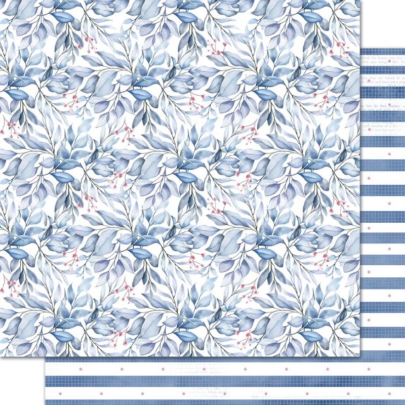 Papel decorativo com padrão floral azul e riscas azul com pontos vermelhos