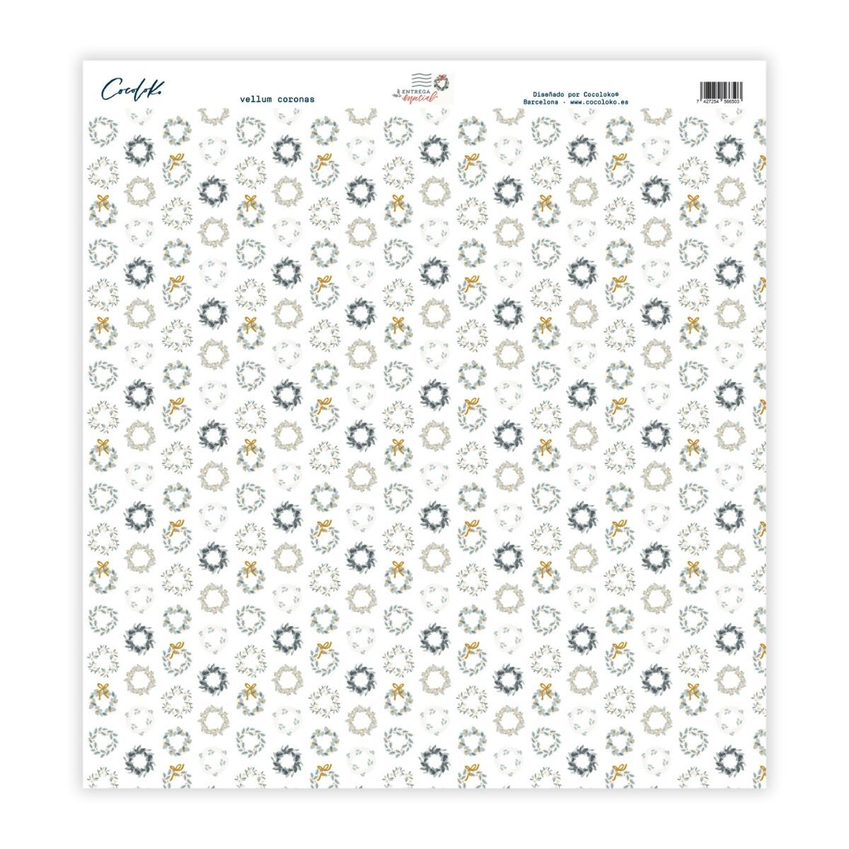 Papel decorativo branco com coroas azuis e bege em padrão repetido