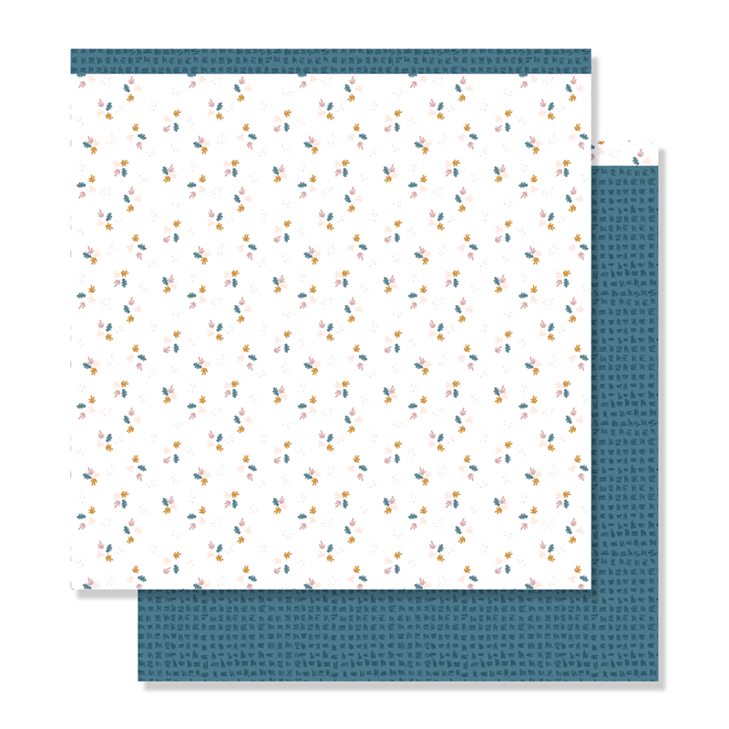 Papel decorativo quadrado com padrão floral e padrão de letras em azul