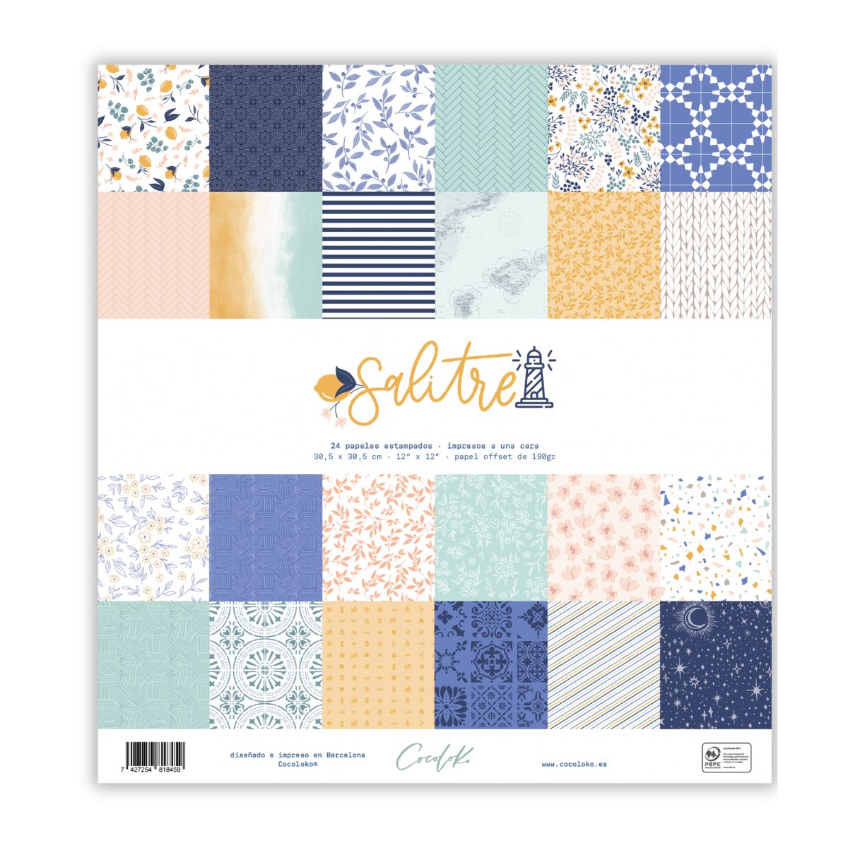 Papel decorativo colorido para artesanato com padrões variados em embalagem branca