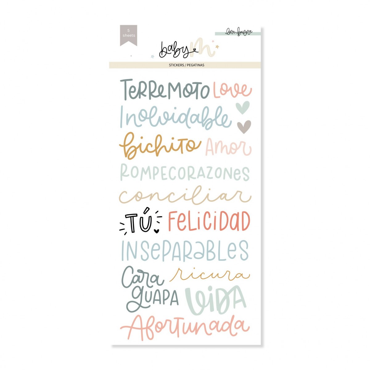 Conjunto de autocolantes com palavras em várias cores sobre fundo branco