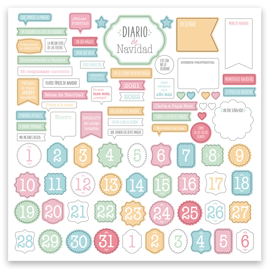 Etiquetas adesivas coloridas para diário de Natal com números, frases e símbolos em tons pastel