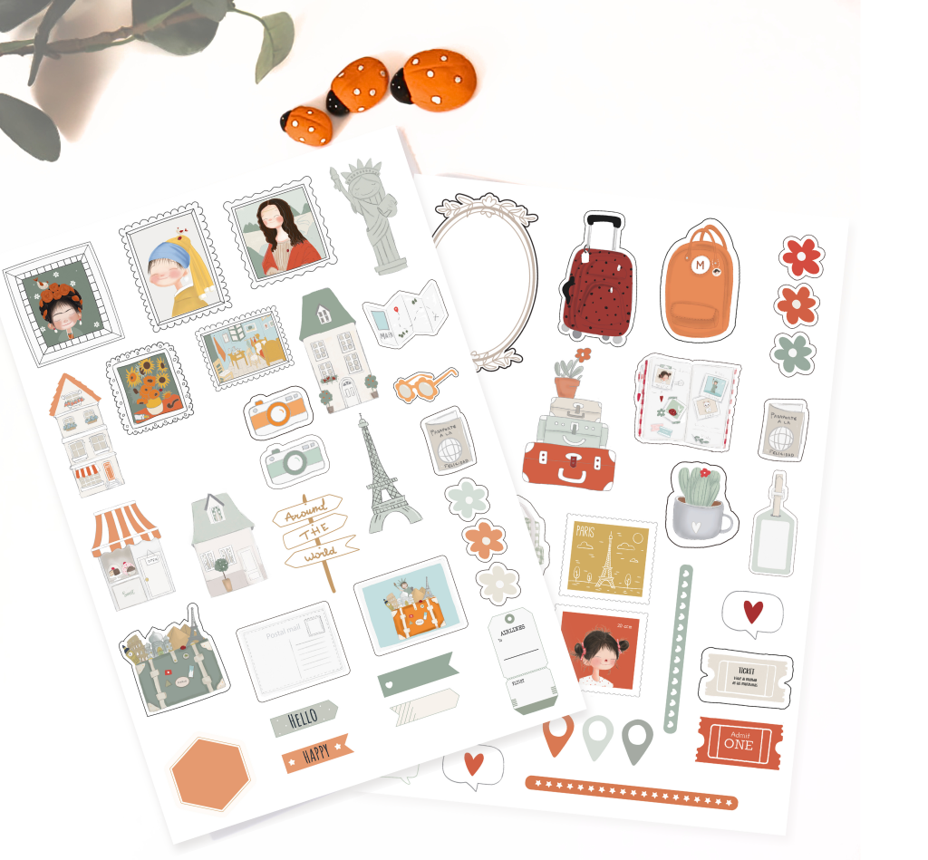 Dois conjuntos de autocolantes variados com joaninhas artificiais no topo