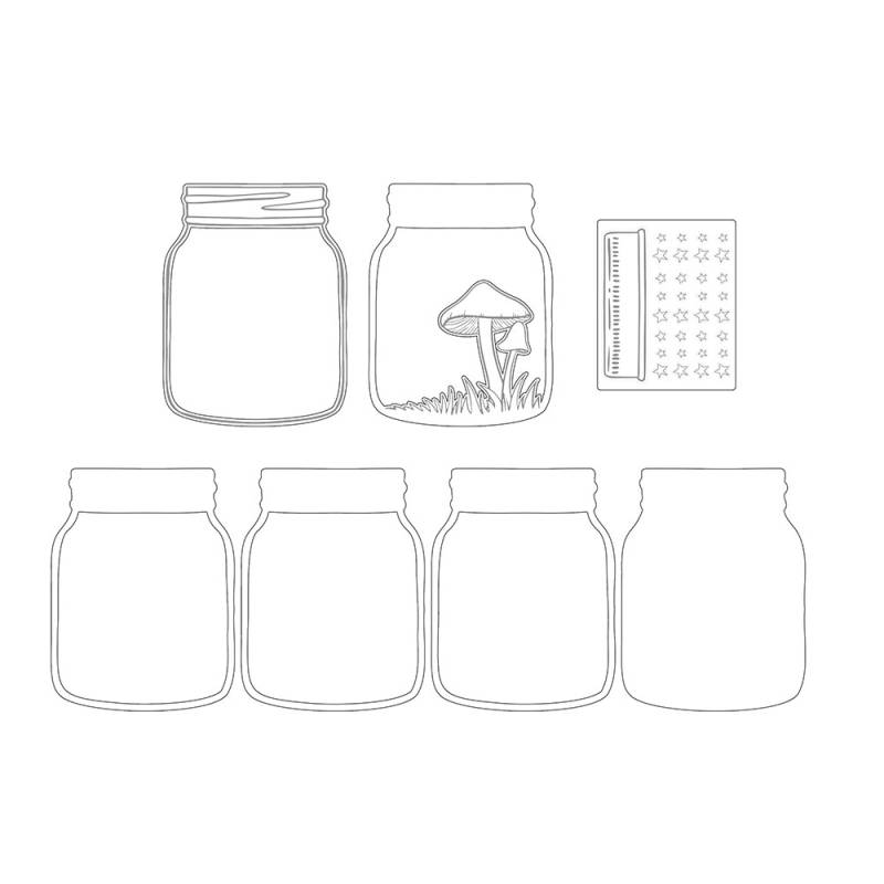 Desenho a preto e branco de sete frascos transparentes com tampas e uma régua pequena com estrelas.