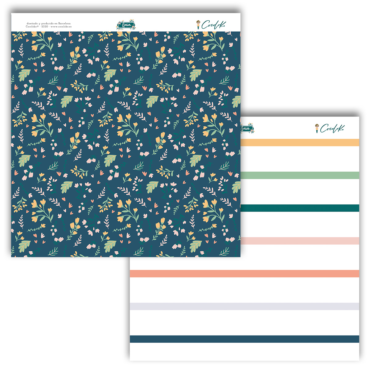 Folhas de papel decorativo com padrões florais e listrados coloridos