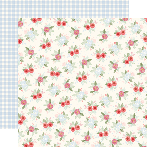 Folha de papel decorativo com padrão floral e padrão de quadrícula azul e branca.