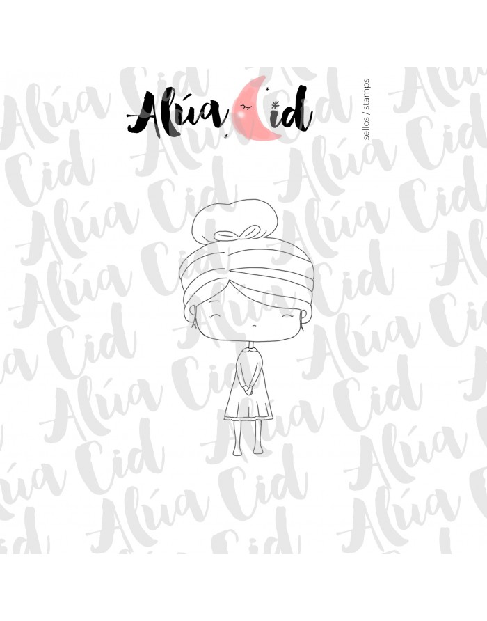 Desenho simples feminino a preto e branco com texto Alúa Cid no fundo