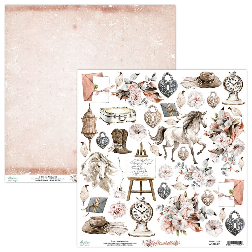Folha dupla para scrapbook com design vintage pastel e elementos como flores, cavalos, relógios e cartas.