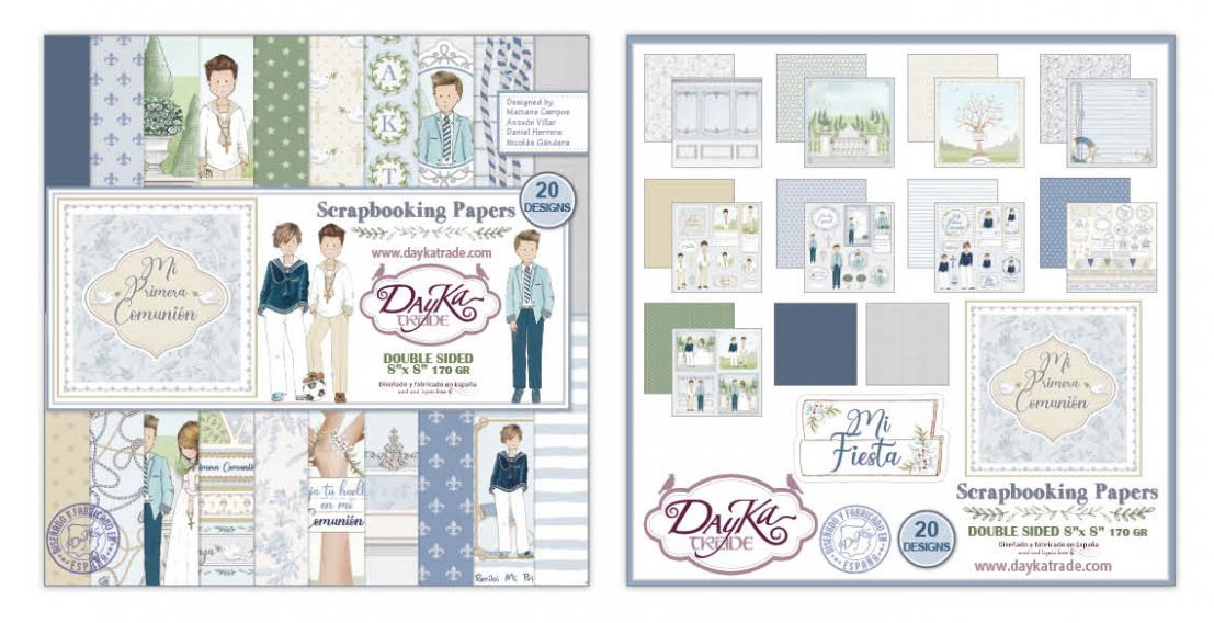 Folhas de scrapbooking com design infantil azul e bege 'Mi Primera Comunión'.