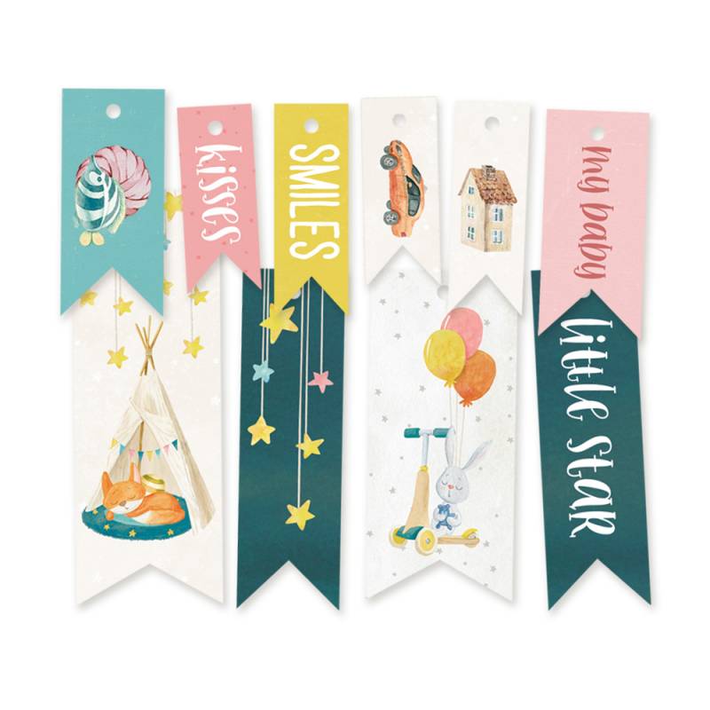 Cinco marcadores de livros coloridos com ilustrações infantis e textos em inglês