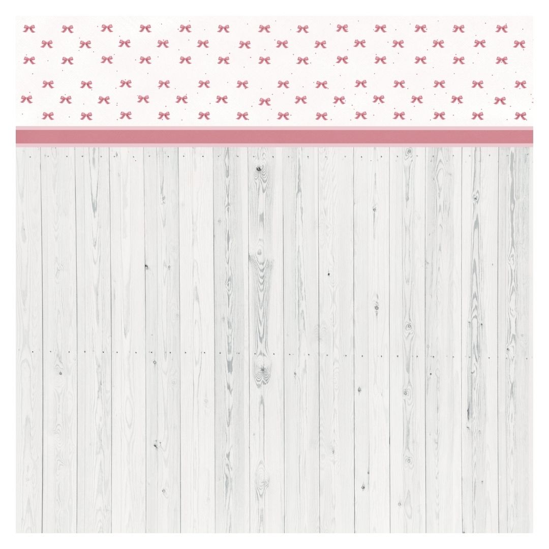 Papel de parede com padrão de laços cor-de-rosa e textura de madeira branca