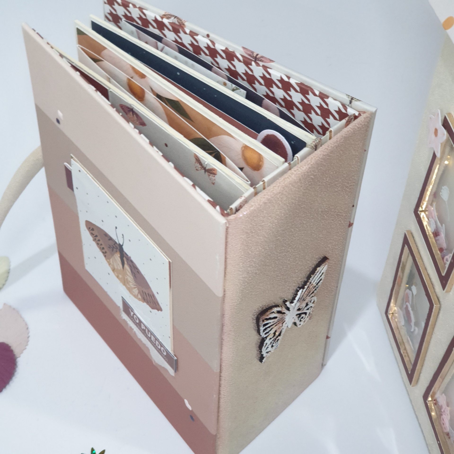 Álbum de fotografias bege e rosa com borboleta na capa e padrão pied-de-poule interior