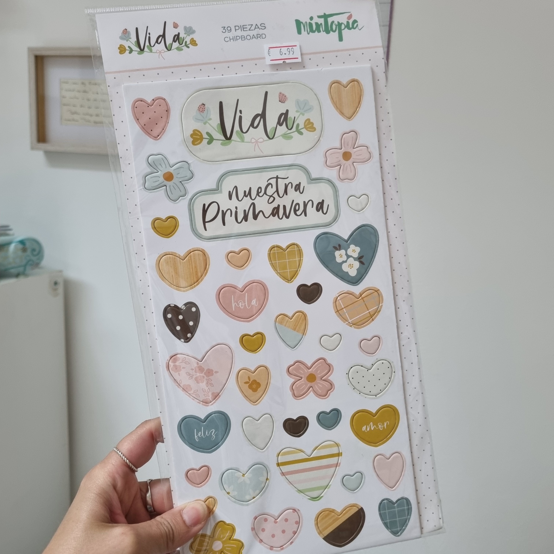 Pacote a segurar com 39 peças de chipboard decorativas coloridas em várias formas e com texto em espanhol.