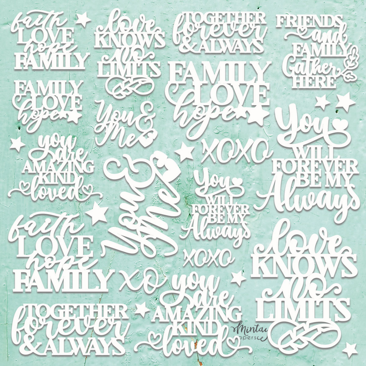 Palavras e frases decorativas em branco sobre fundo verde-água