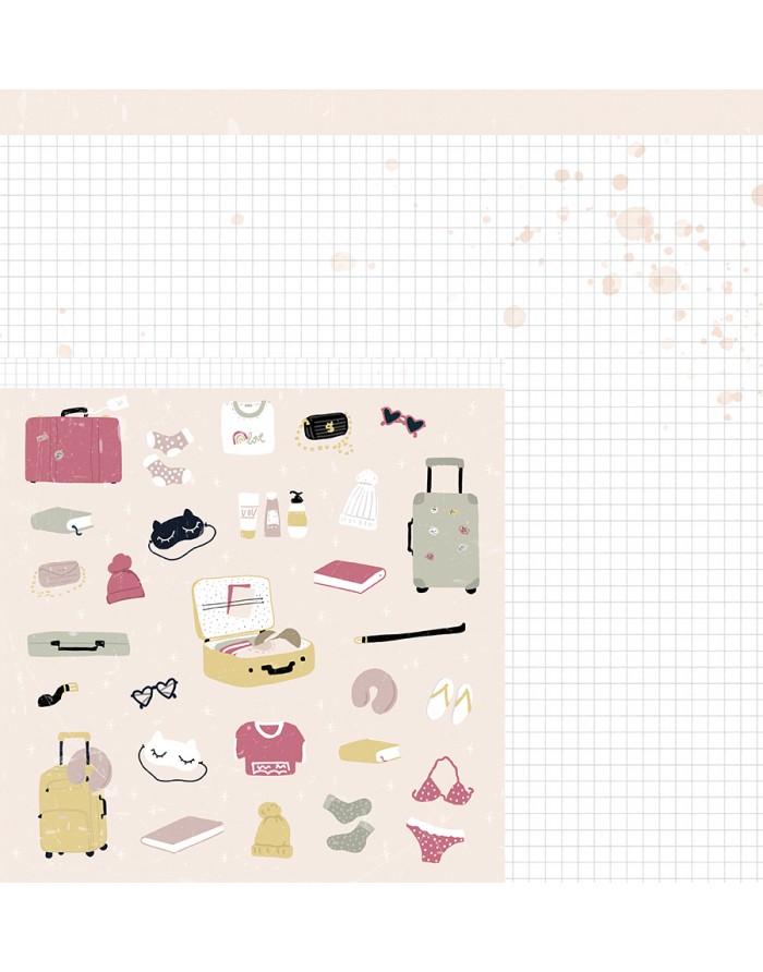 Ilustrações coloridas de malas, roupas e itens pessoais para viagem